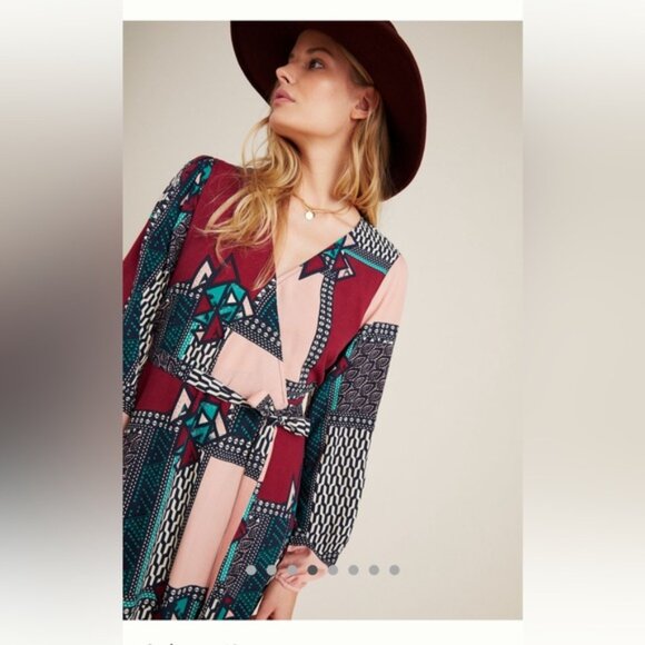 NWT Anthropologie Wrap Dress Maxi Long Sleeves patchwork PRINT size Medium MP - Picture 4 of 16
